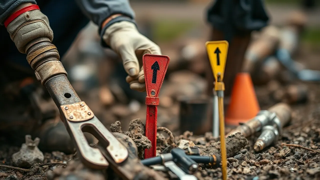 Tools and site markers used in Burst pipe repair