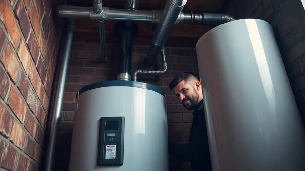 Two professionals working on Unvented hot water cylinder near Burton-on-Trent